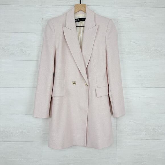 Zara Double Breasted Long Blazer Women S Pink Tailored Fitted Academia Tweed - Picture 1 of 16